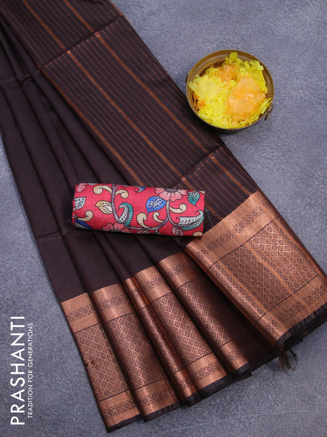 Semi tussar saree coffee brown and red with plain body and copper zari woven border & kalamkari printed blouse