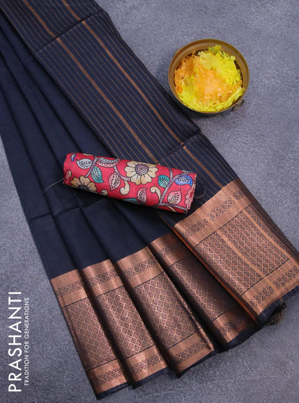 Semi tussar saree dark navy blue and reddish pink with plain body and copper zari woven border & kalamkari printed blouse