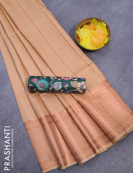 Semi tussar saree sandal and dark green with plain body and copper zari woven border & kalamkari printed blouse