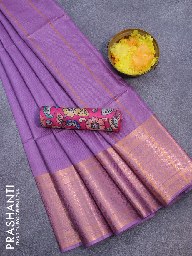 Semi tussar saree lavender shade and pink with plain body and copper zari woven border & kalamkari printed blouse