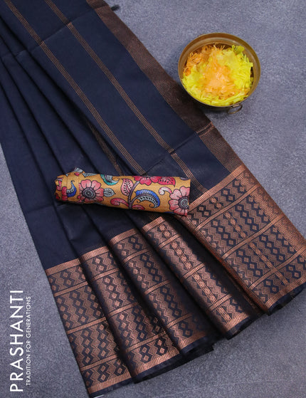 Semi tussar saree elephant grey and mustard yellow with plain body and copper zari woven border & kalamkari printed blouse