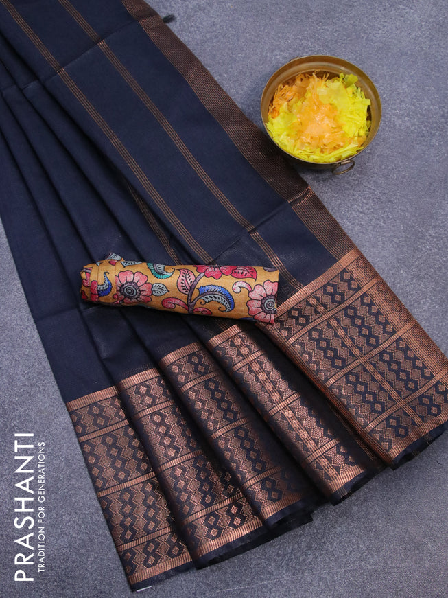 Semi tussar saree elephant grey and mustard yellow with plain body and copper zari woven border & kalamkari printed blouse