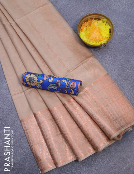 Semi tussar saree sandal and royal blue with plain body and copper zari woven border & kalamkari printed blouse