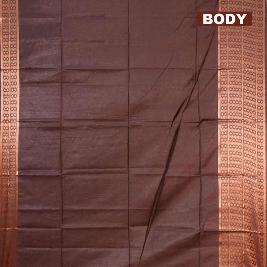 Semi tussar saree brown and dark green with plain body and copper zari woven border & kalamkari printed blouse