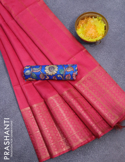 Semi tussar saree pink and royal blue with plain body and copper zari woven border & kalamkari printed blouse