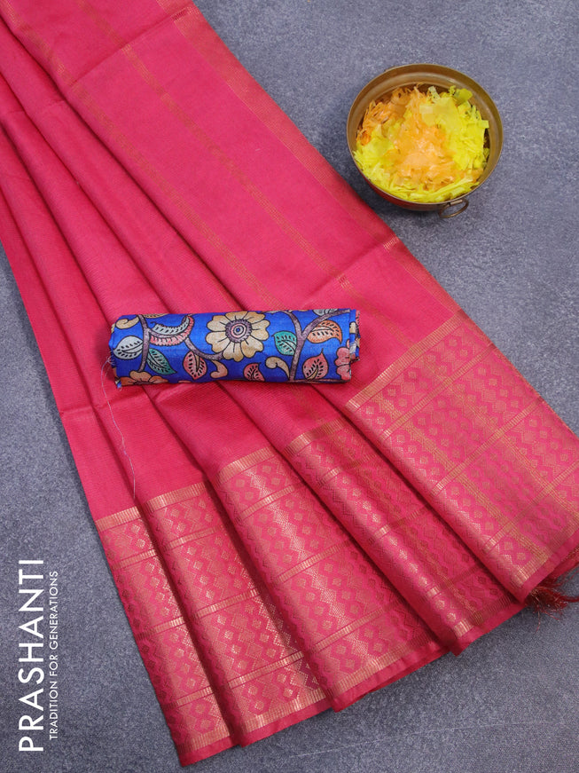 Semi tussar saree pink and royal blue with plain body and copper zari woven border & kalamkari printed blouse