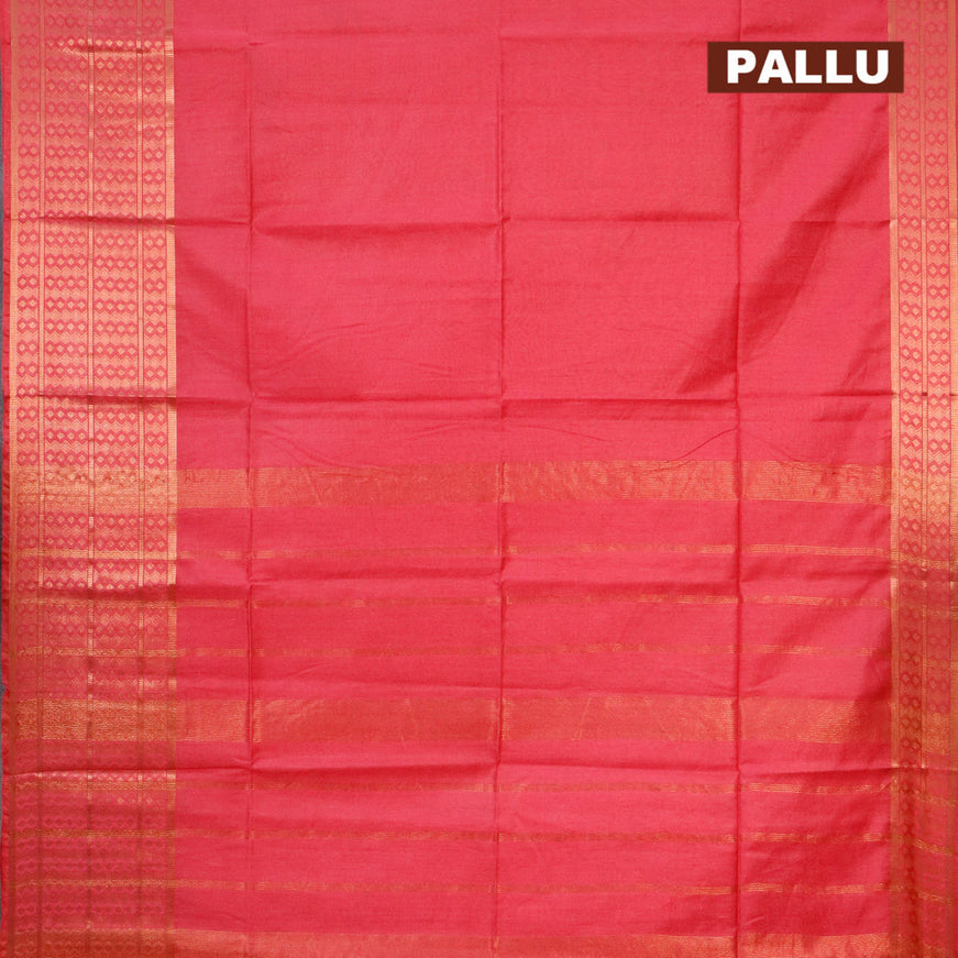 Semi tussar saree pink and royal blue with plain body and copper zari woven border & kalamkari printed blouse