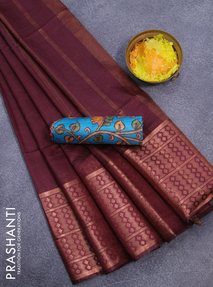 Semi tussar saree deep maroon and teal blue with plain body and copper zari woven border & kalamkari printed blouse