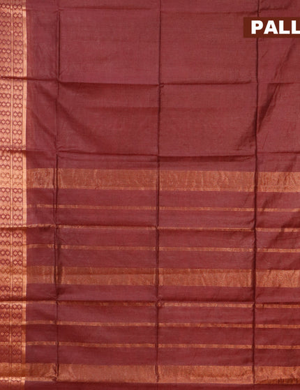 Semi tussar saree deep maroon and teal blue with plain body and copper zari woven border & kalamkari printed blouse