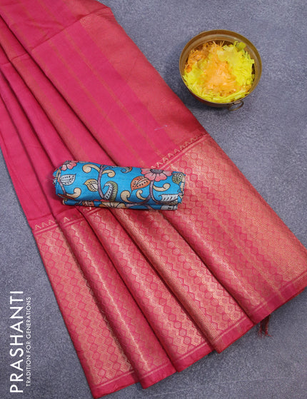 Semi tussar saree pink and teal blue with plain body and copper zari woven border & kalamkari printed blouse