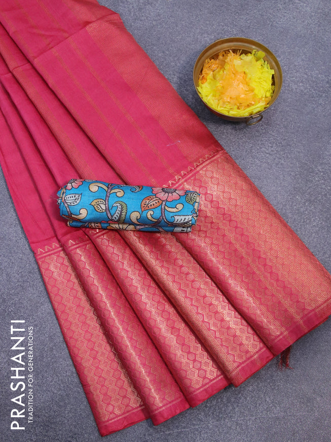 Semi tussar saree pink and teal blue with plain body and copper zari woven border & kalamkari printed blouse