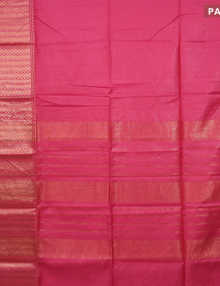 Semi tussar saree pink and teal blue with plain body and copper zari woven border & kalamkari printed blouse