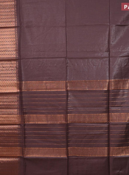 Semi tussar saree brown and red with plain body and copper zari woven border & kalamkari printed blouse