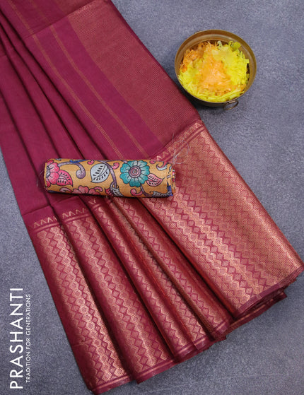 Semi tussar saree magenta pink and mustard yellow with plain body and copper zari woven border & kalamkari printed blouse