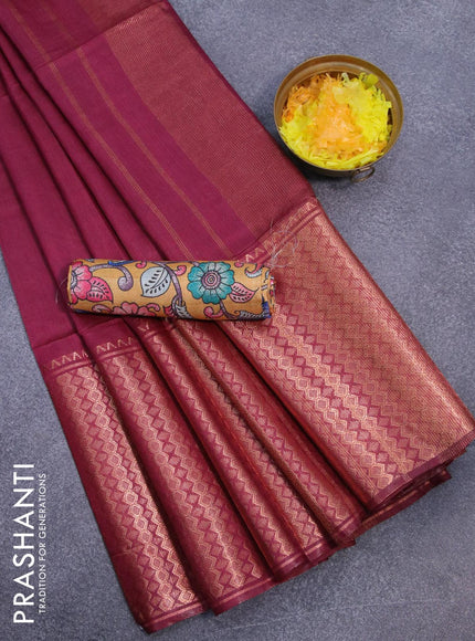 Semi tussar saree magenta pink and mustard yellow with plain body and copper zari woven border & kalamkari printed blouse