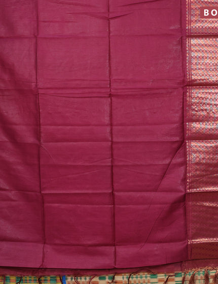 Semi tussar saree magenta pink and mustard yellow with plain body and copper zari woven border & kalamkari printed blouse