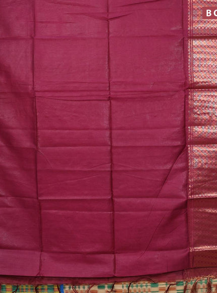 Semi tussar saree magenta pink and mustard yellow with plain body and copper zari woven border & kalamkari printed blouse