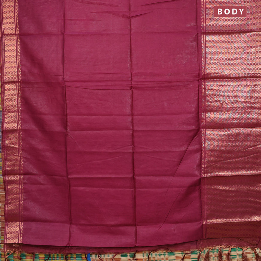 Semi tussar saree magenta pink and mustard yellow with plain body and copper zari woven border & kalamkari printed blouse