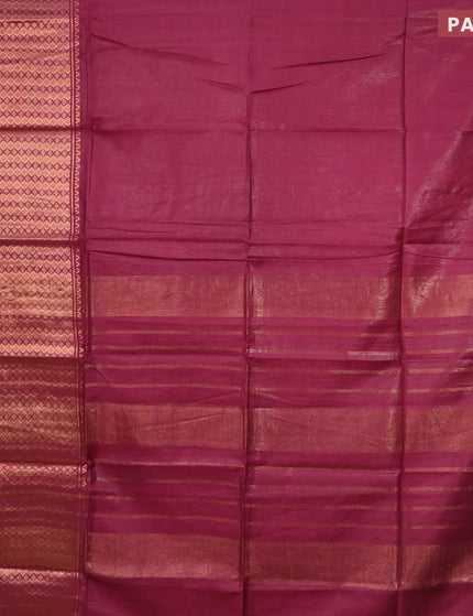 Semi tussar saree magenta pink and mustard yellow with plain body and copper zari woven border & kalamkari printed blouse