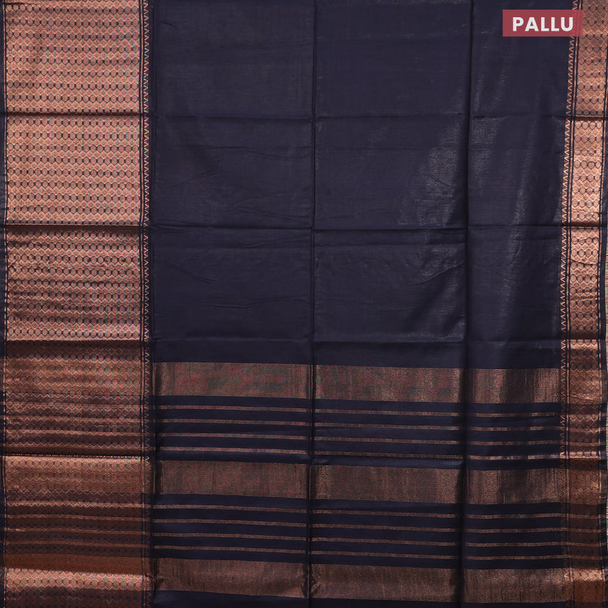 Semi tussar saree navy blue and tomato red with plain body and copper zari woven border & kalamkari printed blouse