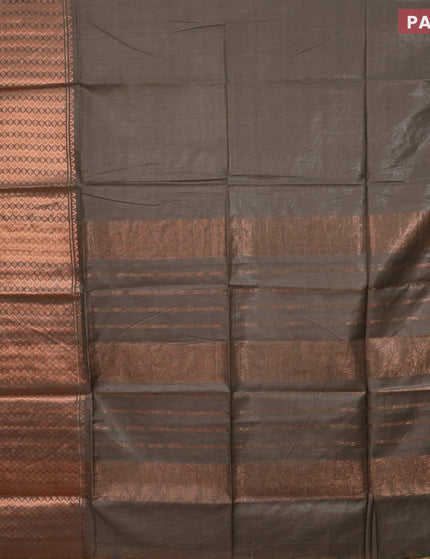 Semi tussar saree sap green shade and pink with plain body and copper zari woven border & kalamkari printed blouse