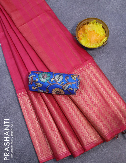 Semi tussar saree pink and royal blue with plain body and copper zari woven border & kalamkari printed blouse