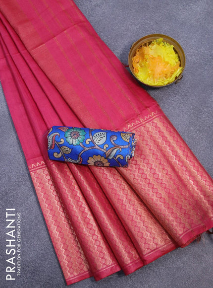 Semi tussar saree pink and royal blue with plain body and copper zari woven border & kalamkari printed blouse