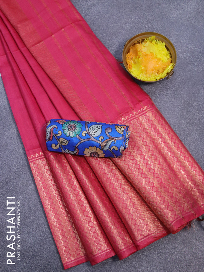 Semi tussar saree pink and royal blue with plain body and copper zari woven border & kalamkari printed blouse