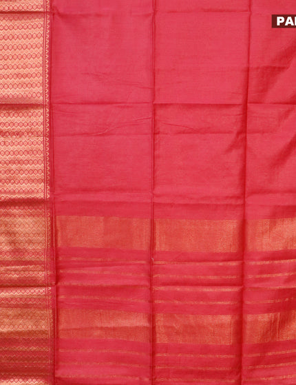 Semi tussar saree pink and royal blue with plain body and copper zari woven border & kalamkari printed blouse