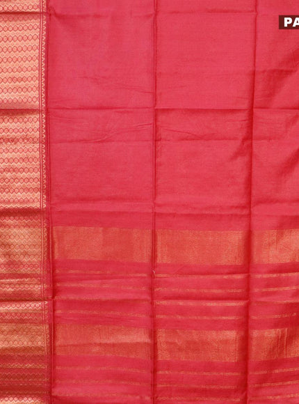 Semi tussar saree pink and royal blue with plain body and copper zari woven border & kalamkari printed blouse