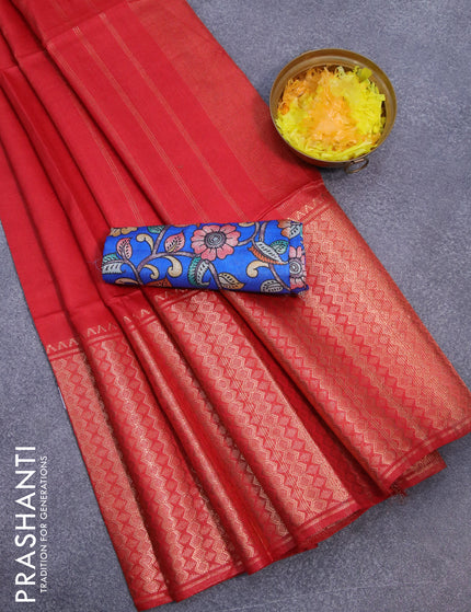 Semi tussar saree red and royal blue with plain body and copper zari woven border & kalamkari printed blouse