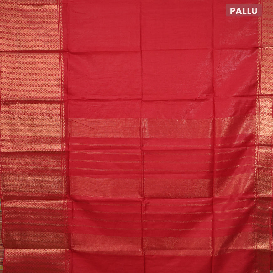 Semi tussar saree red and royal blue with plain body and copper zari woven border & kalamkari printed blouse