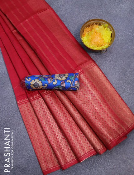 Semi tussar saree red and royal blue with plain body and copper zari woven border & kalamkari printed blouse