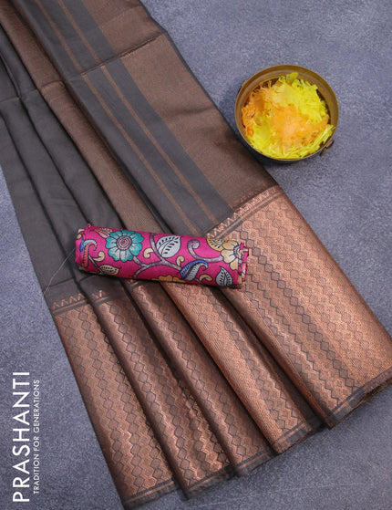 Semi tussar saree grey shade and pink with plain body and copper zari woven border & kalamkari printed blouse