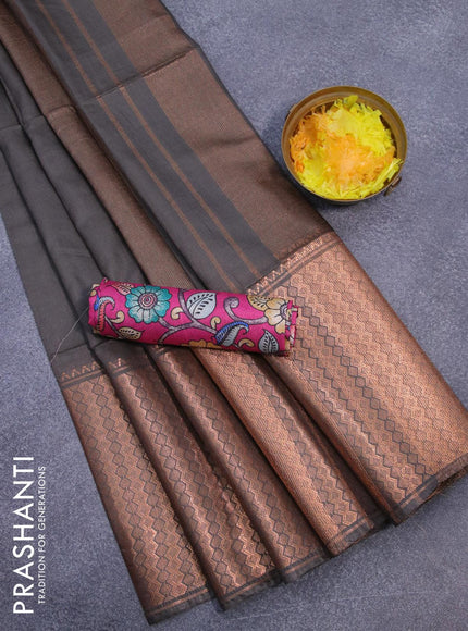 Semi tussar saree grey shade and pink with plain body and copper zari woven border & kalamkari printed blouse