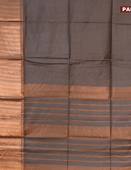 Semi tussar saree grey shade and pink with plain body and copper zari woven border & kalamkari printed blouse