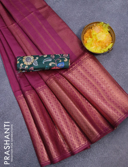 Semi tussar saree magenta pink and green with plain body and zari woven border & kalamkari printed blouse