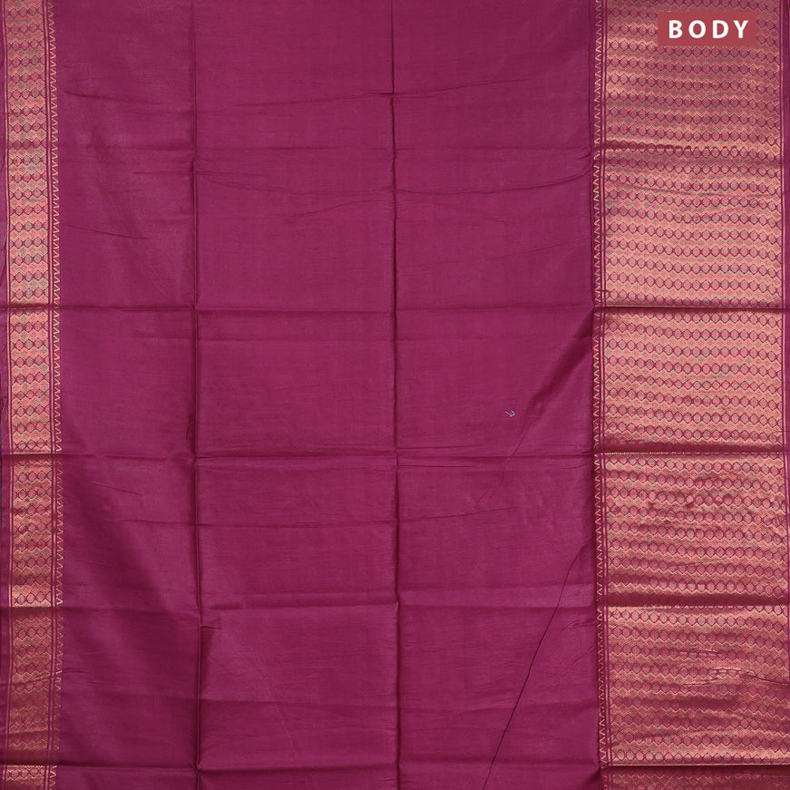 Semi tussar saree magenta pink and green with plain body and zari woven border & kalamkari printed blouse