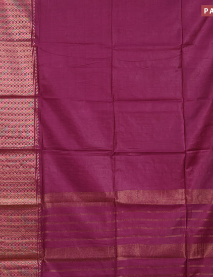 Semi tussar saree magenta pink and green with plain body and zari woven border & kalamkari printed blouse