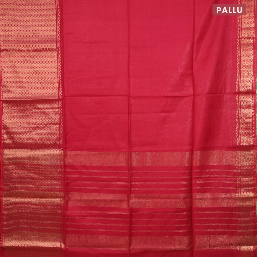 Semi tussar saree red and royal blue with plain body and copper zari woven border & kalamkari printed blouse