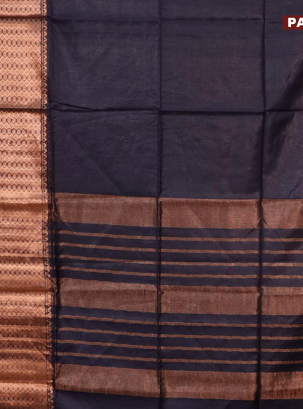 Semi tussar saree navy blue and tomato red with plain body and copper zari woven border & kalamkari printed blouse