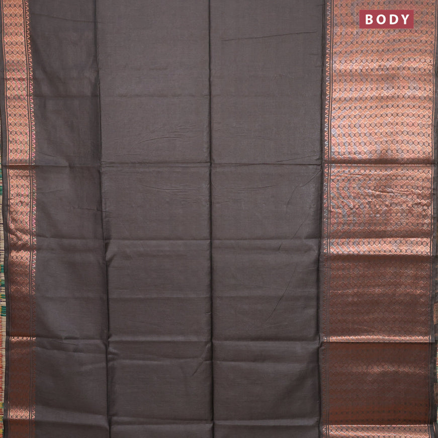 Semi tussar saree grey shade and pink with plain body and copper zari woven border & kalamkari printed blouse