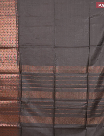 Semi tussar saree grey shade and pink with plain body and copper zari woven border & kalamkari printed blouse