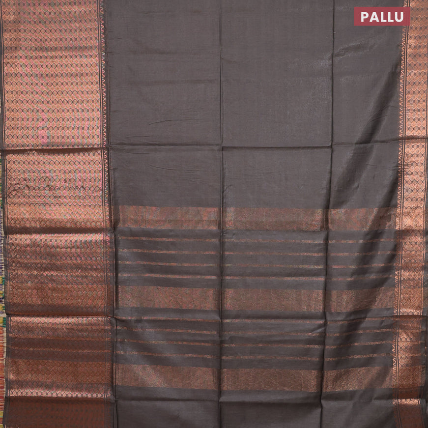 Semi tussar saree grey shade and pink with plain body and copper zari woven border & kalamkari printed blouse