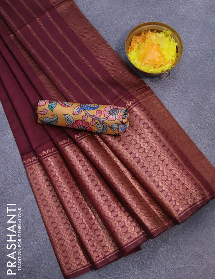 Semi tussar saree maroon and mustard yellow with plain body and copper zari woven border & kalamkari printed blouse