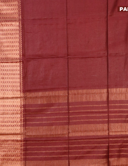 Semi tussar saree maroon and mustard yellow with plain body and copper zari woven border & kalamkari printed blouse