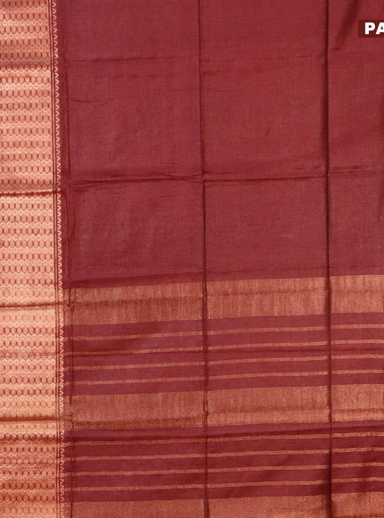 Semi tussar saree maroon and mustard yellow with plain body and copper zari woven border & kalamkari printed blouse