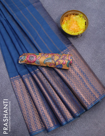 Semi tussar saree peacock blue and mustard yellow with plain body and copper zari woven border & kalamkari printed blouse