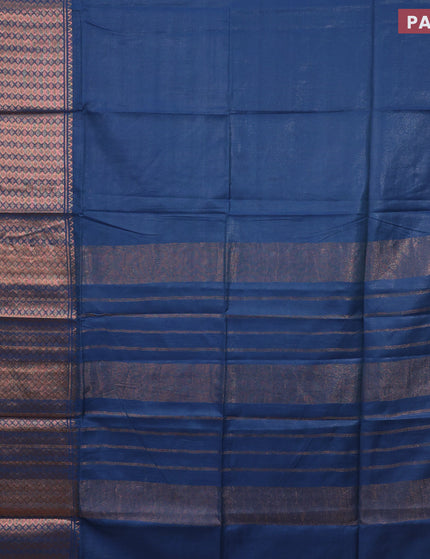 Semi tussar saree peacock blue and mustard yellow with plain body and copper zari woven border & kalamkari printed blouse