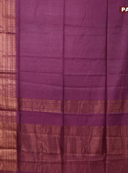 Semi tussar saree magenta pink and teal blue with plain body and long zari woven border & kalamkari printed blouse